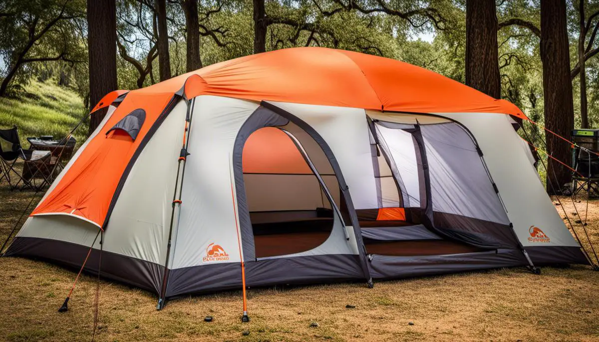 A picture of a camping tent setup with insulation and AC unit in a shaded area.