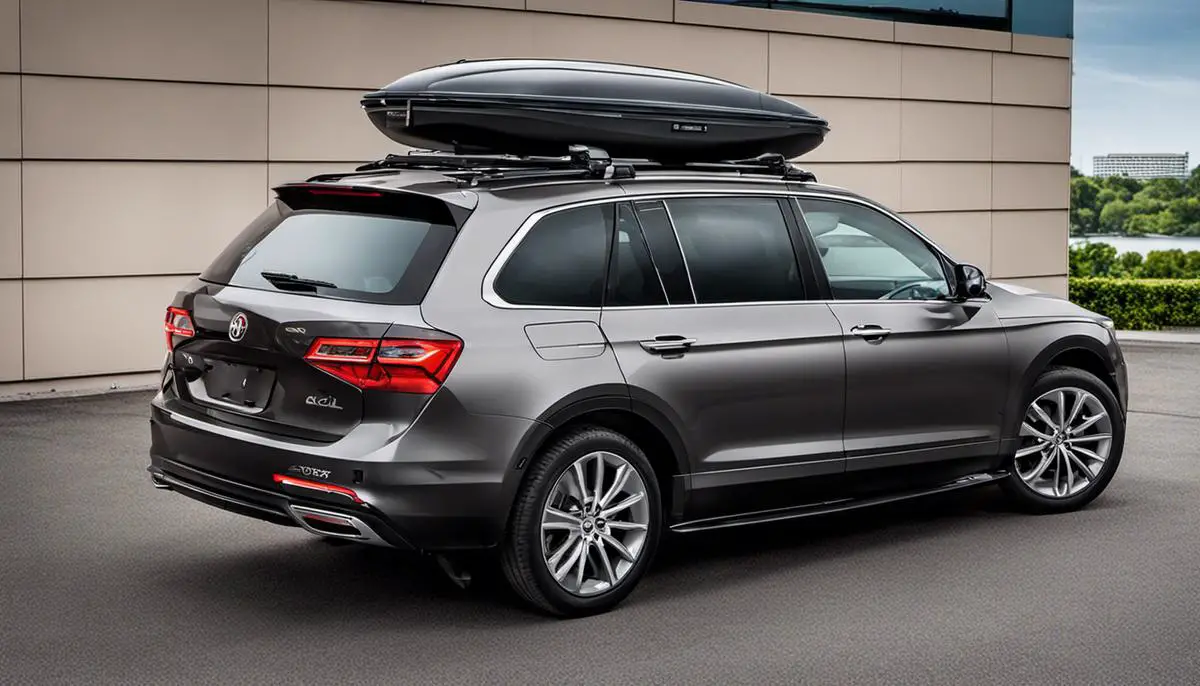 A rooftop cargo box installed on a car roof rack, filled with various items securely packed inside.