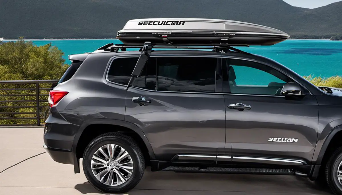 Image of a securely mounted Pelican rooftop box onto a vehicle roof rack.