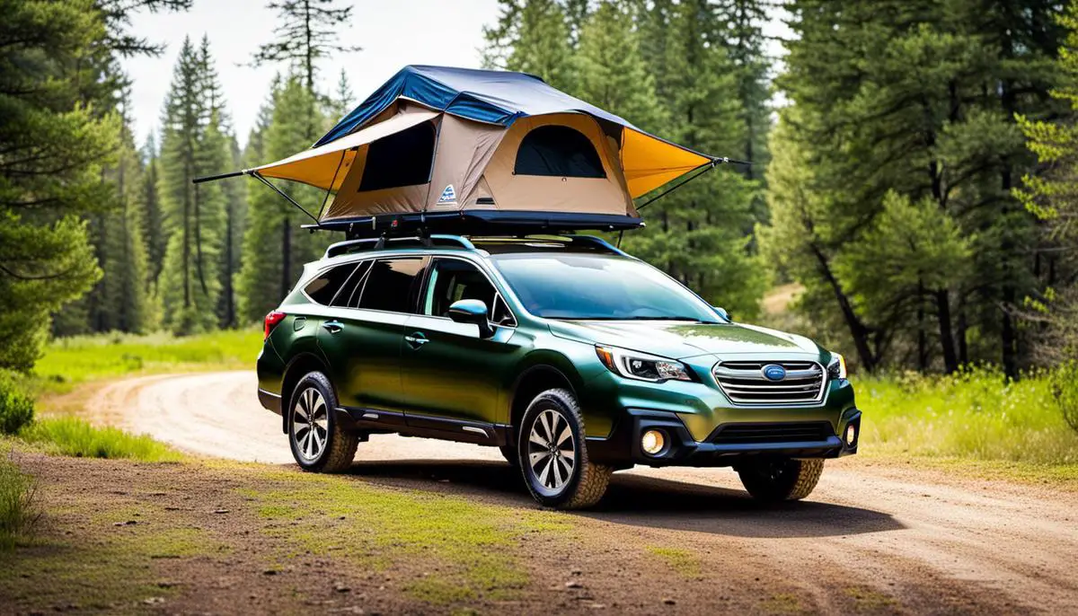 A Subaru Outback equipped with a rooftop tent, offering a comfortable and elevated shelter for camping.