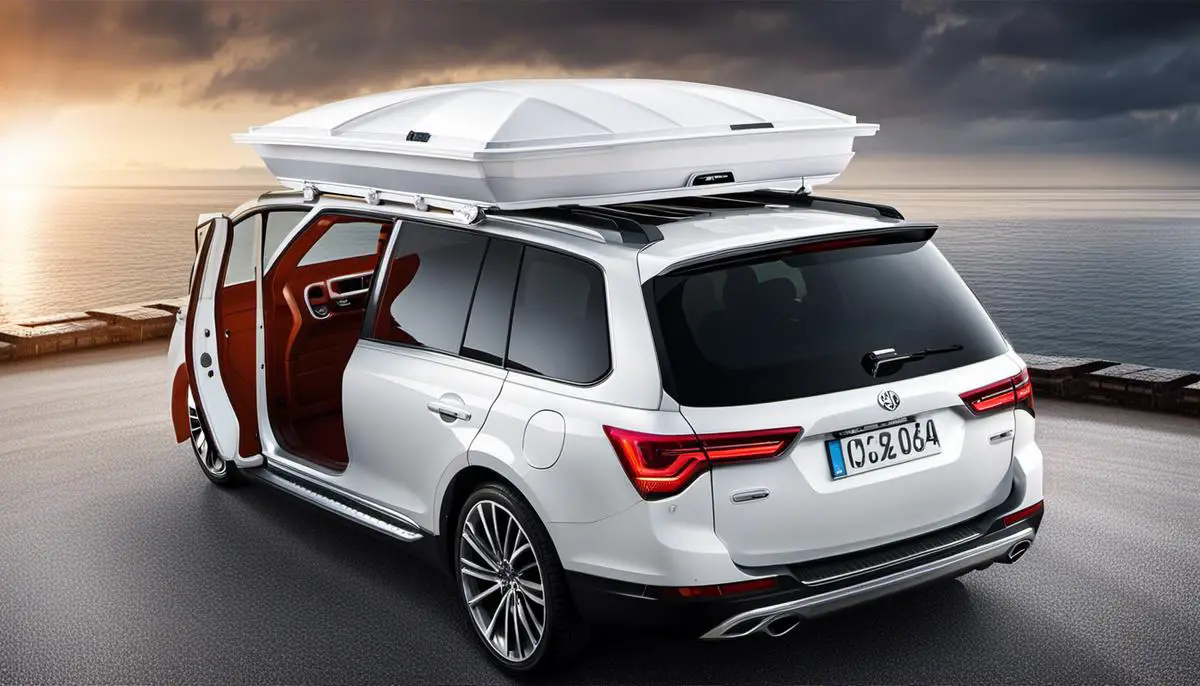 Image of a white roof box on top of a car