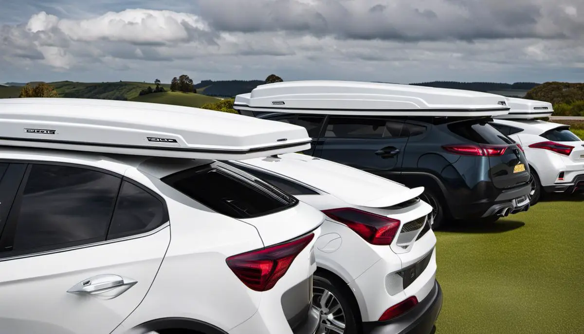 A group of white roof boxes displayed together